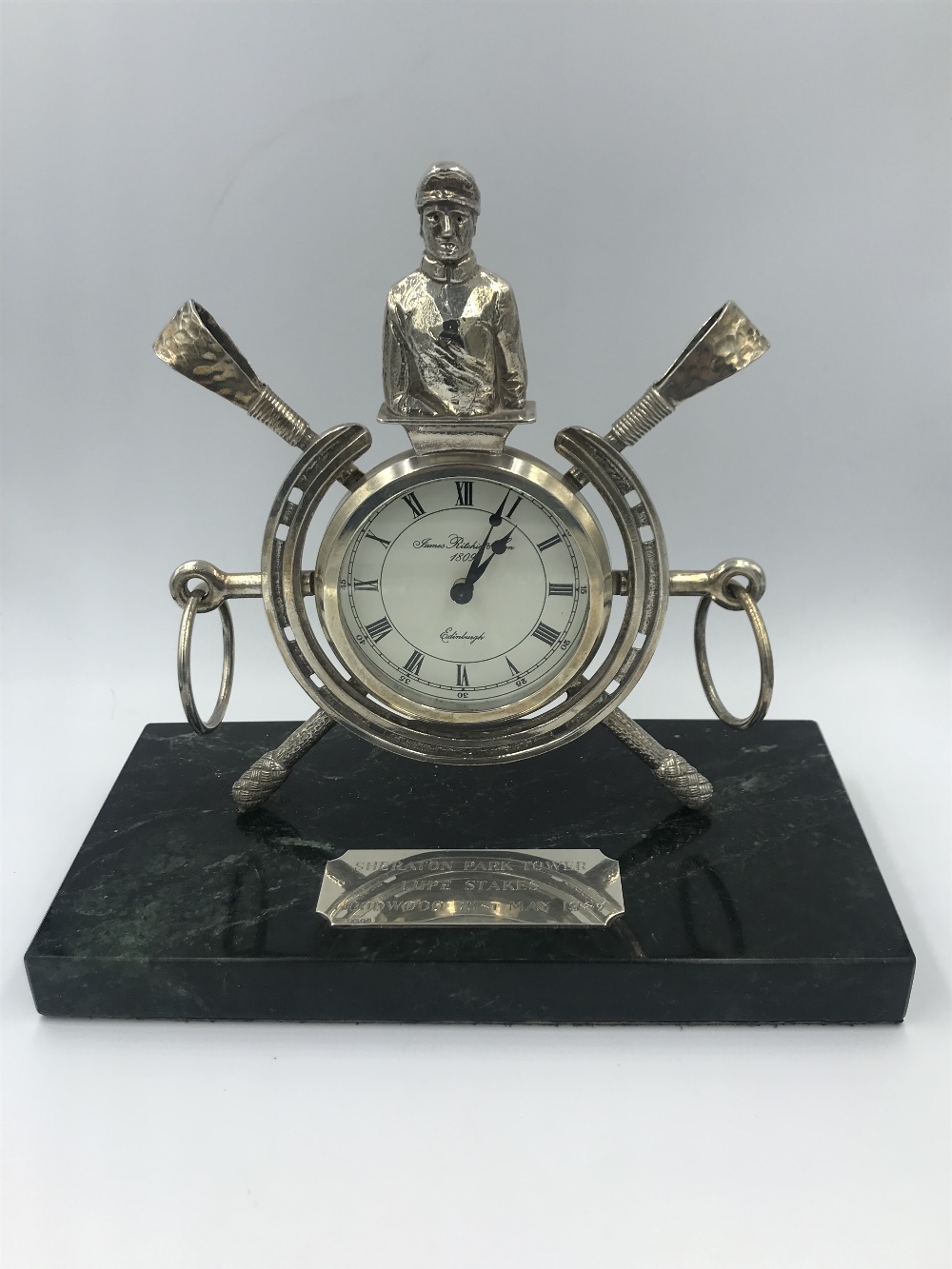 Silver horseshoe & jockey clock trophy 'Goodwood 21st May 1987'
