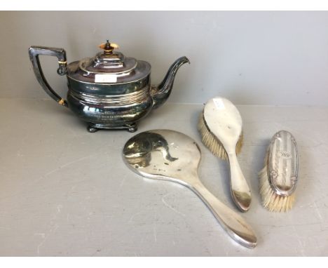 Silver teapot 23 ozt, silver mirror, clothes brush &amp; hairbrush 