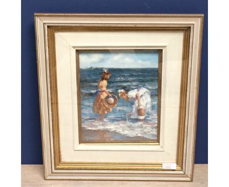 Oil painting portrait of 2 girls at the seaside beach paddling 24 X 19cm 