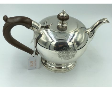 Silver bullet teapot in George I style with a moulded swan neck spout engraved monogrammed cartouche in contemporary style, s