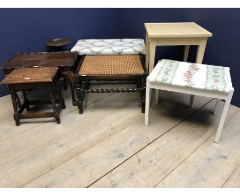 Oak bobbin turned stool with Bergere seat &amp; qty of occasional tables &amp; stools 