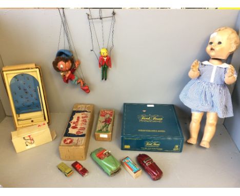 1 Pelham (noddy) puppet, 1 Mr Turnip puppet, selection of toy cars, large Pedigree doll &amp; various other toys 