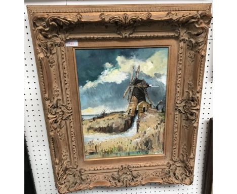 MAUNET early C20th, Impressionist oil on board, "Stormy coastal scene with Windmill" light decorative frame, signed indistinc