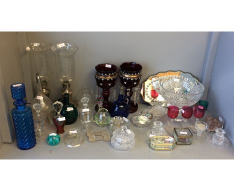 Decorative glass candle holders, pair ruby colour lustre vases, large cut glass fruit bowl, quantity of coloured and other va