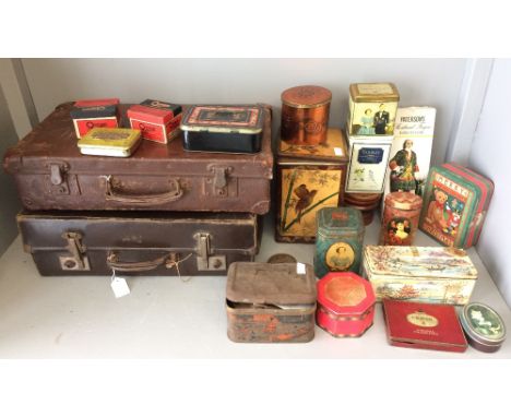 2 1950s suitcases, 1960 Prestige kitchen tool set (boxed) large selection of tins &amp; boxes, vintage Christmas tree lights 