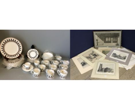 C18th Black &amp; white print 'Continental cloisters' 29x53cm &amp; qty (9) of unframed prints,  &amp; as new 'Susie Cooper' 