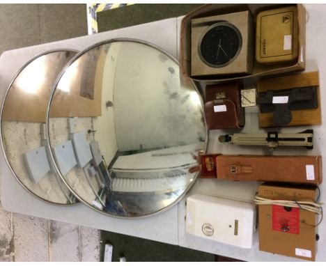 Alflow water heater, car alarm unit, modern barometer &amp; leather cased inclinometer, pair of drive exit mirrors 
