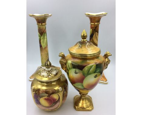 Royal Worcester pot pouri and cover, with hand painted fruit study signed G Banks; no. 162 to base and a pair of Coalport can