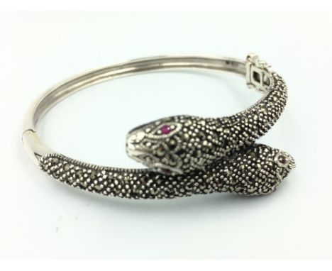 Silver &amp; marcasite snake bangle with ruby eyes 