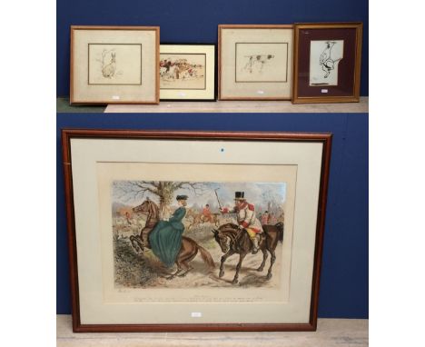 After John Leech colour print 'Gone Away' 40 X 63cm framed &amp; glazed, After C Aldin  colour prints a pair 'Pointer' 'Hare'