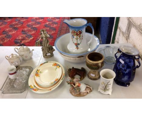 Quantity of general household china including ewer &amp; basin, figurines, vases, pressed glass &amp; other items 
