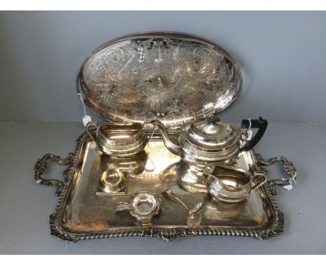 2 Sheffield plate trays, 1 by Elkington &amp; Co, 2nd with pierced gallery &amp; 3pc silver plated tea set, tea strainer &amp