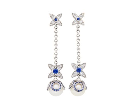 18 kt., 32 round diamonds ap. 1.25 cts., 4 round sapphires, small round sapphires, 2 pearls ap. 10.5 mm., signed Louis Vuitto