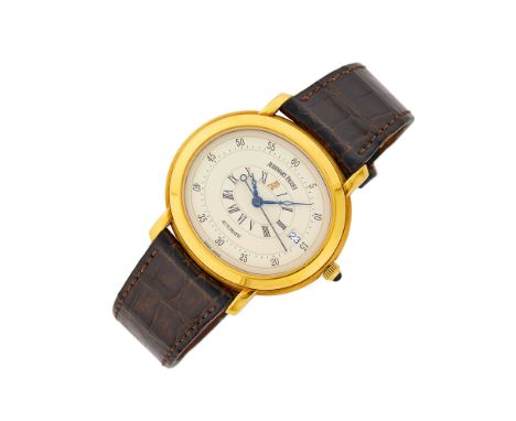 18 kt., automatic, oval off-white guilloché dial, inner oval dial of black Roman numerals, blued steel hands and black sweep 