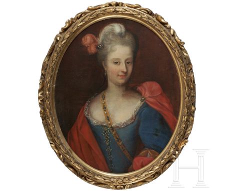 Portrait einer adeligen Dame, deutsch, 1. Hälfte 18. Jhdt.  Öl auf Leinwand, ovales Portrait einer Dame in tief dekolletierte