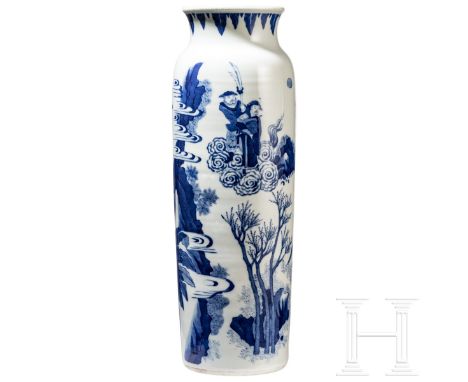 Große blaue-weiße Vase mit Soldatenszene, China, wohl Kangxi-Periode (18. Jhdt.) Sich leicht weitender Korpus mit eingezogene