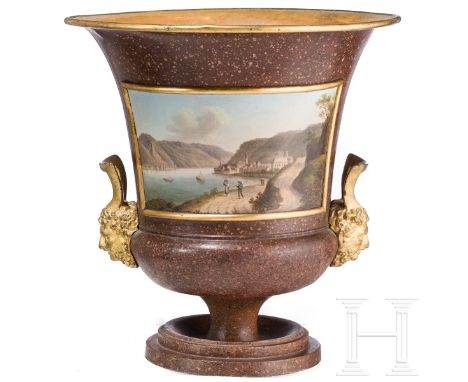 Kratervase mit Vedutenansichten, Stobwasser, um 1820  Eisenblech mit Öl-Lackmalerei. Korpus außen in Granit-Optik, innen verg