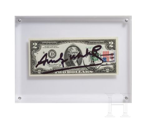 Zwei-Dollar-Schein, signiert "Andy Warhol", 1976  Zwei-Dollar-Banknote mit dem Portrait von Thomas Jefferson (amerikanischer 