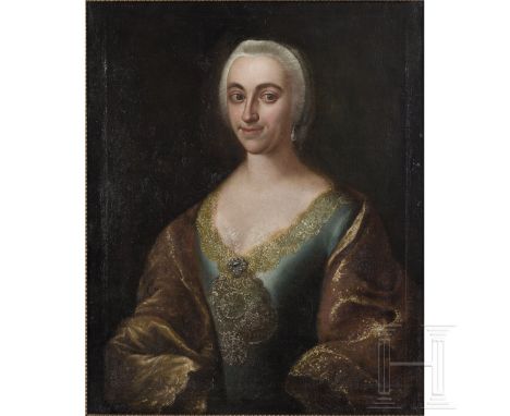 Portrait einer adeligen Dame, deutsch, Mitte 18. Jhdt.  Öl auf Leinwand. Halbfigur einer Dame im prächtigen Rokoko-Kleid mit 