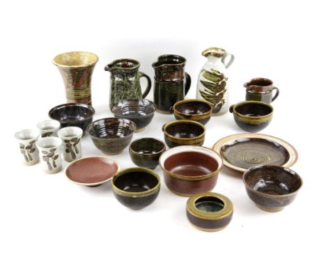 Collection of Thomas Plowman glazed stoneware table wares, including bowls, jugs, a vase, a table lamp and a domed tureen and