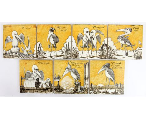 Set of seven hand painted tiles, depicting 'The Seven Ages of Man' in the form of a storks, designed by Alfred Masson, four t