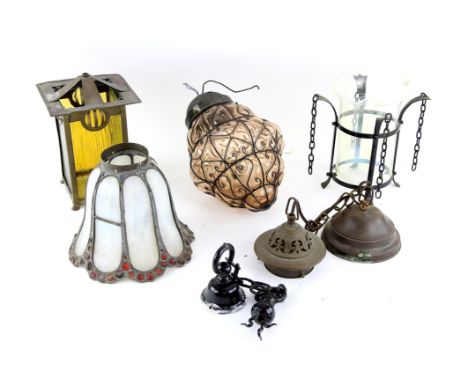 Brass and glass hall lantern, H25cm, flared glass light shade with amber glass "jewels" H20cm, and two other hanging lamps, w