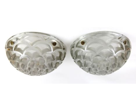 Pair of  Rene Lalique "Rinceaux" Chandeliers / plaffoniers, Model: 2468 Circa 1926, 37.5cm diameter, deeply moulded Art Deco 