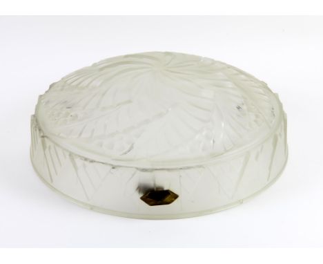 French Art Deco style glass ceiling light by Noverdy, with leaf and grape design and brass fixings (no chains), impressed mar