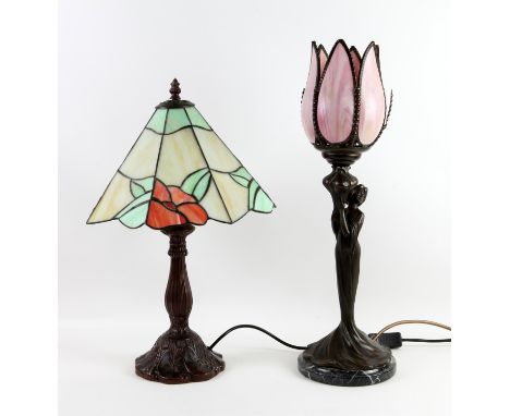 Two reproduction Art Nouveau style table lamps, including a Tiffany style table lamp with coloured glass. 52 cm high