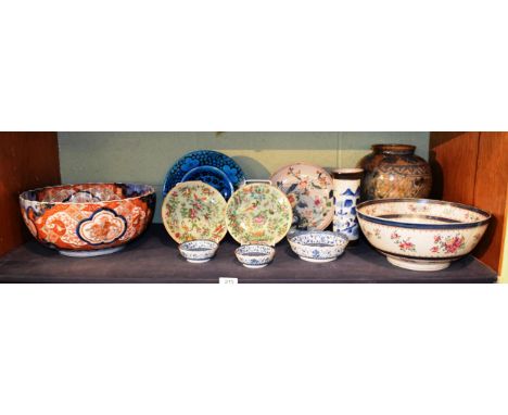 A large Japanese Imari bowl; a Chinese bowl (damaged); Eastern pottery etc 