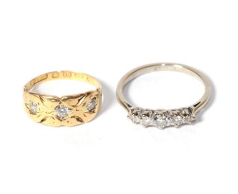 A five stone diamond ring, stamped '18CT' and 'PLAT', finger size K; and an 18 carat gold diamond set ring, finger size G.  G