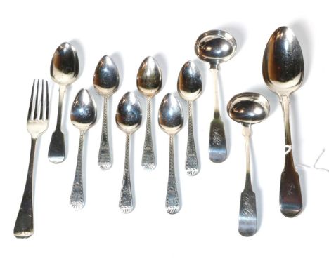 A set of six Victorian provincial bright cut silver teaspoons, Thomas Sewell, Newcastle 1853, a George III fiddle and thread 