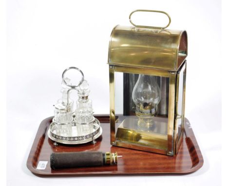 A silver plated and glass cruet set; a lantern; a telescope (3)