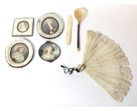 Four 1920's miniature portraits of ladies; a bone paper knife; a marine ivory spoon; and a bone brisee fan (7)