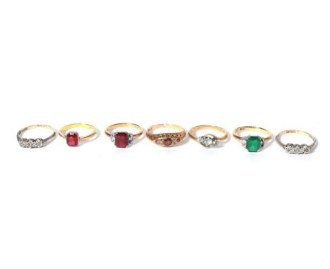 A 9 carat gold ruby and diamond ring (a.f.); and assorted other dress rings, mainly stamped '9CT' and 'SIL'.  9 carat gold ri