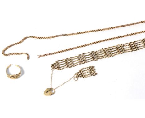 A 9 carat gold gate link bracelet; a 9 carat gold keeper ring; and a 9 carat gold box link chain (all a.f.).  Gross weight - 