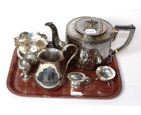 An Iraqi white metal and niello work cream jug, sugar bowl and spoon, pepperette, mustard and salt with spoons, river landsca