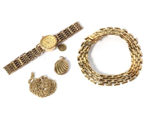 A 9 carat gold gate link bracelet, length 19cm; a 9 carat gold chain, length 38.5cm; a locket stamped '9CT'; and a Rotary wri