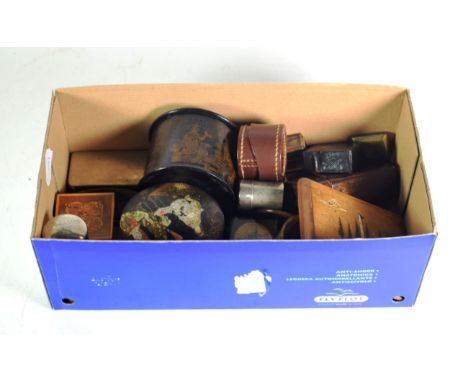 A blue guilloche enamel cigarette case; together with a miscellaneous collection of boxes, vestas etc (22)