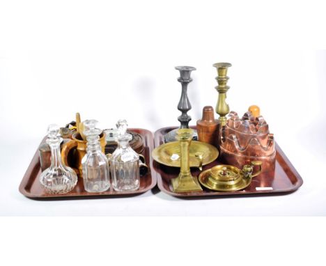 A 19th century copper mould; assorted other brass; a pewter candlestick; various treen; three 19th century small glass decant