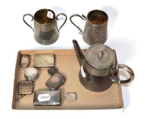 Three silver vesta cases, various dates and makers; a snuff box, marks rubbed; stamp case and six other items of silver and p