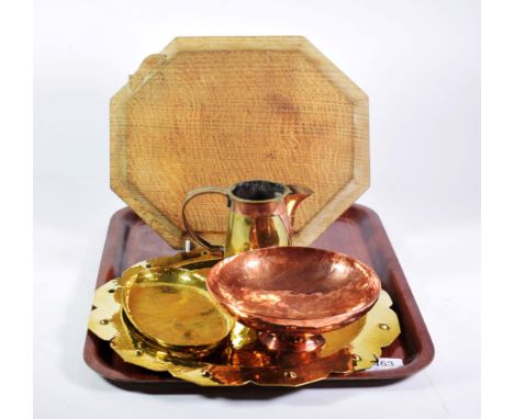 A Robert 'Mouseman' Thompson English oak bread board together with four pieces of Arts and Crafts copper and brass