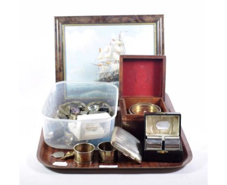 A cased pair of plain silver napkin rings, a silver cigarette case, another pair of silver napkin rings, a silver gilt Order 