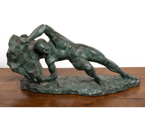 A statue of Sisyphus In the Art Deco style, of green-painted plaster. 54cm x 28cmQty: 1Some light chipping and losses to the 