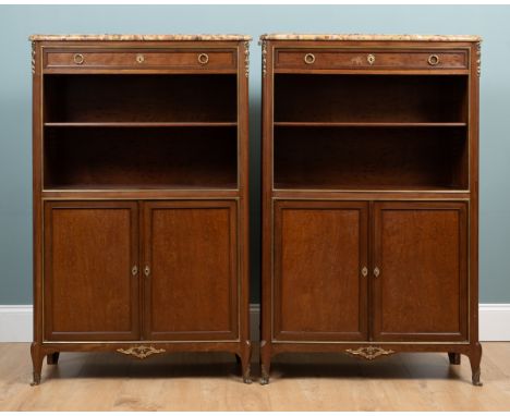 A pair of modern French Empire style side cabinets Each shaped marble top above a single drawer, two open shelves, and twin c