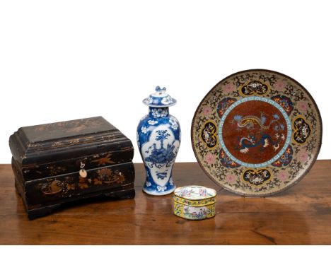 A small group of Oriental items To include a circular enamel dish; a Japanese lacquered jewellery box; a Chinese Canton ename