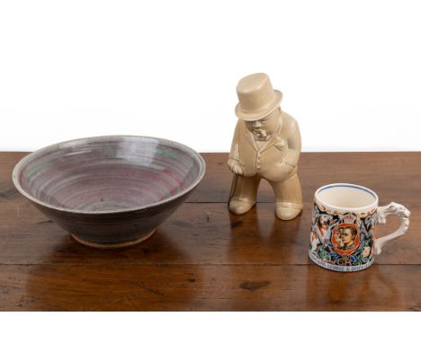 A Laura Knight Coronation mug; a Bovey Pottery Churchill; and a studio pottery bowl  A King George and Queen Elizabeth 1937 C