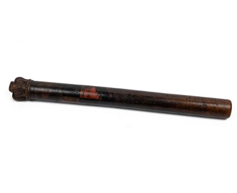 A 19th century wooden tipstaff With a carved crowned finial and painted coat of arms.39.5cm longQty: 1Wear to the painting ov