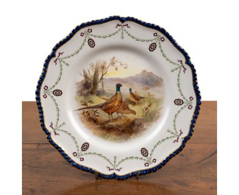 A Royal Worcester cabinet plate Hand-painted with a scene of pheasants in the countryside within a ribbon-ties husk-swag bord