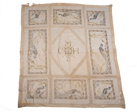 A 20th century needlework counterpane Of nine panels, eight of which depict peacocks, the central panel with a geometric deco